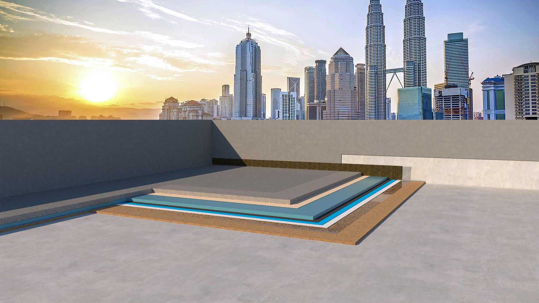 Cutaway of a reinforced concrete flat roof showing the waterproofing build-up: screed, membrane, insulation board, separation sheet and protection concrete