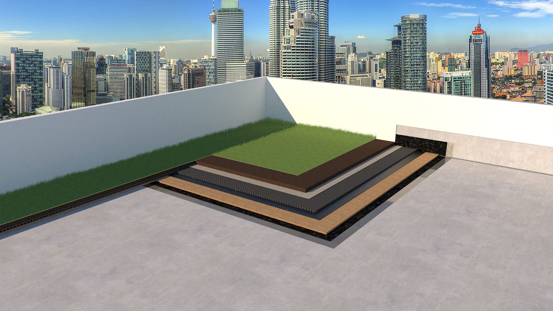 Cutaway of a roof garden showing membrane, protection screed, root barrier, drainage cell, geotextile and soil