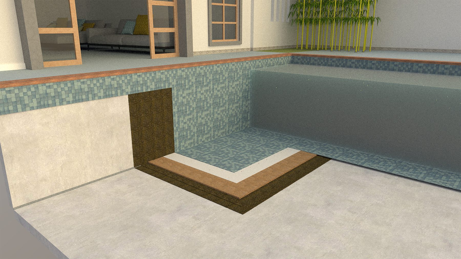 Cutaway of a swimming pool shell showing membrane, screed and tiled finish