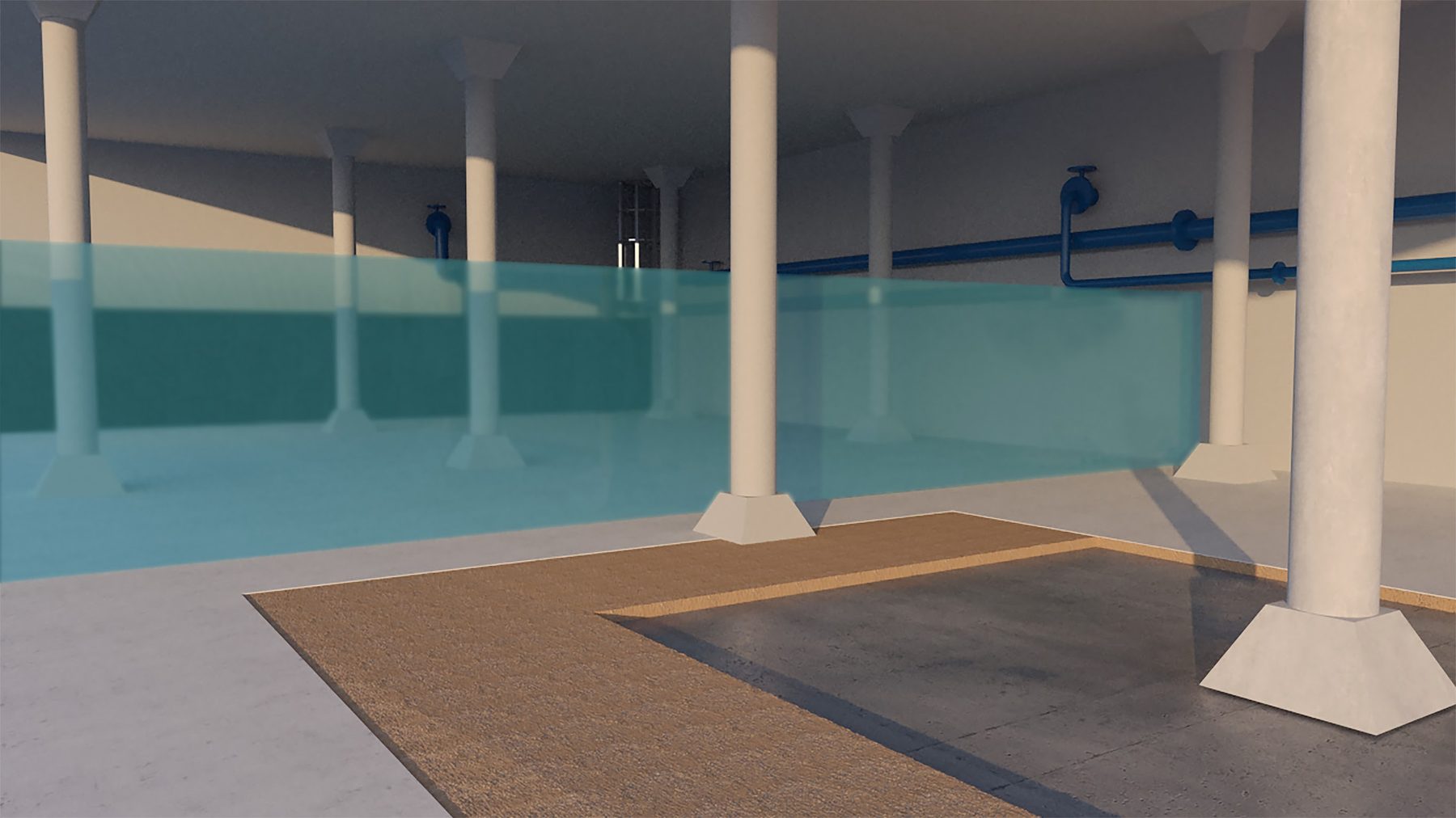 Cutaway of a reinforced concrete water tank interior with cementitious waterproofing on floor and walls