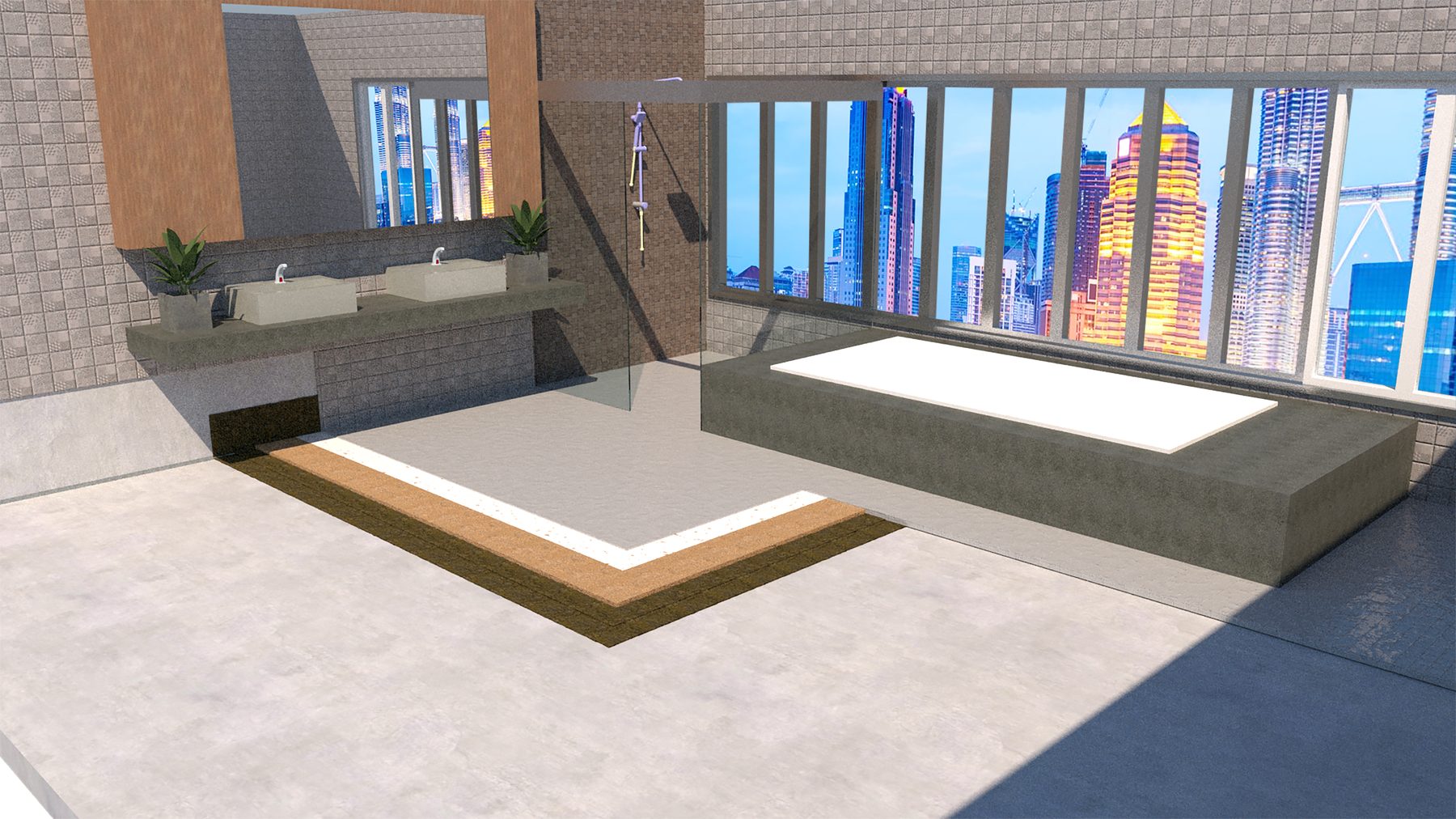 Cutaway of a bathroom floor showing cementitious membrane, screed, tile adhesive and tiles